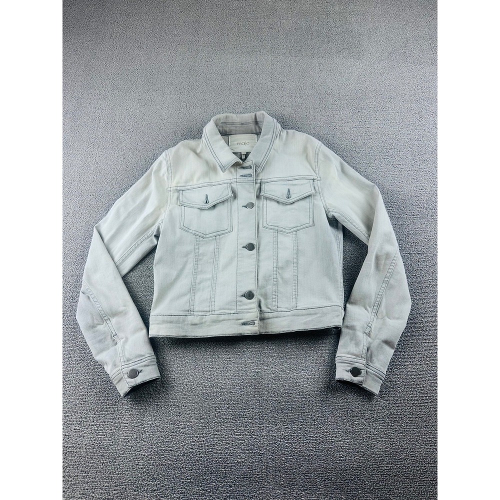 Maje Cropped Denim Jacket Women 36 Gray Elton Stretch Parisian Chic Streetwear